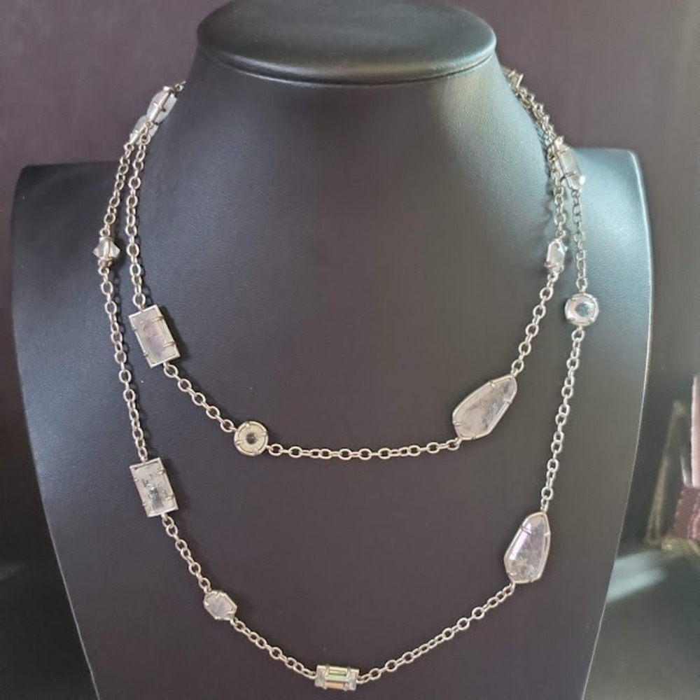 Kendra Scott Silver Tone Long Station Necklace with Clear Quartz Stones